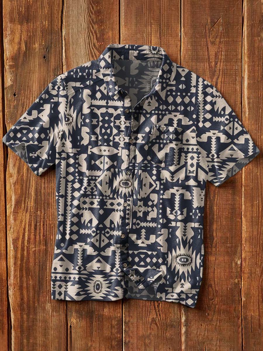 Chemise à manches courtes à revers décontractée Western Print pour hommes comme image / S Chemises