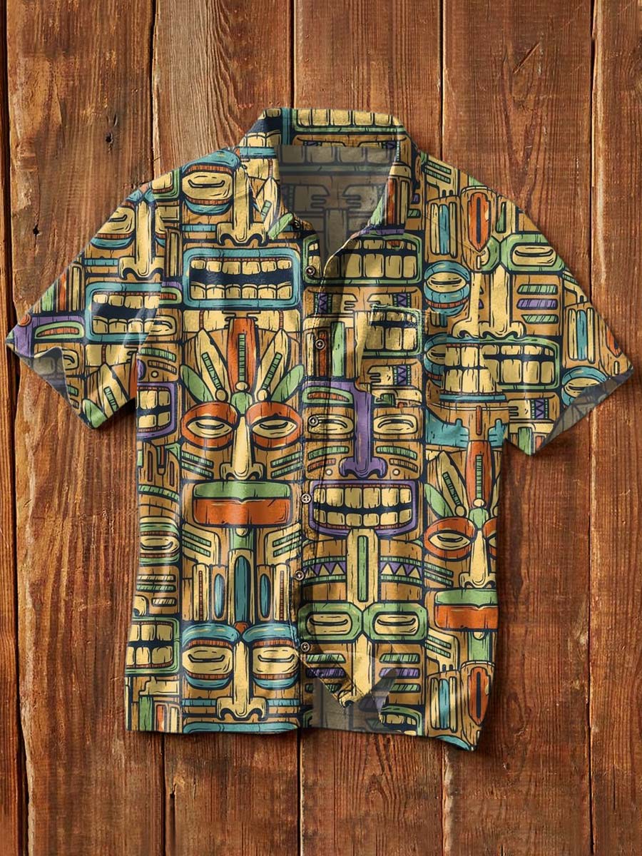 Chemise à manches courtes casual à imprimé ethnique tribal pour hommes comme image / S Chemises