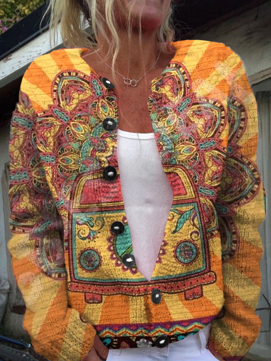 Rétro Élégant Art Imprimer Chic Bouton épais à manches longues Cardigan Pull A / S Gilet Court