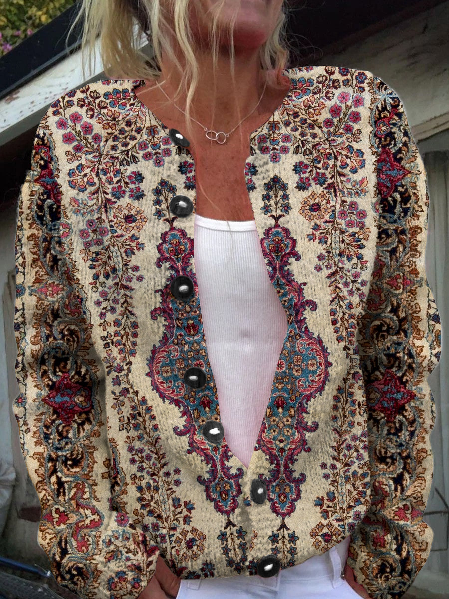 Rétro Élégant Art Imprimer Chic Bouton épais à manches longues Cardigan Pull A / S Gilet Court