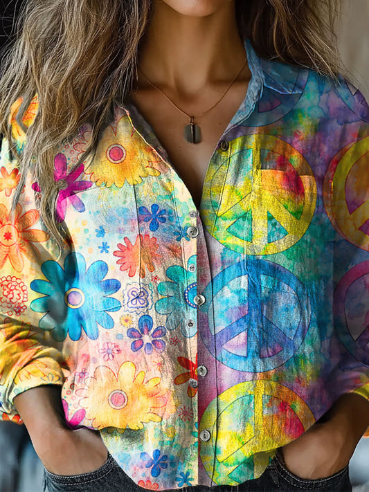 VintageHippie Art Imprimer V-cou décontracté coton et lin chemise Top femmes A / S Chemises