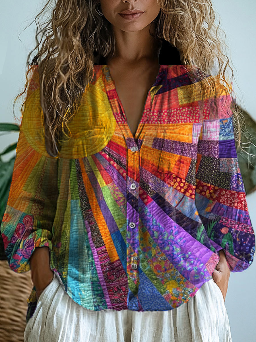VintageHippie Art Imprimer V-cou décontracté coton et lin chemise Top femmes A / S Chemises