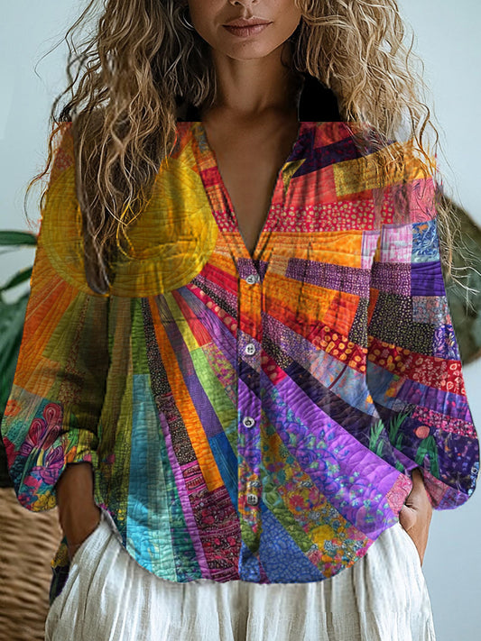 VintageHippie Art Imprimer V-cou décontracté coton et lin chemise Top femmes A / S Chemises