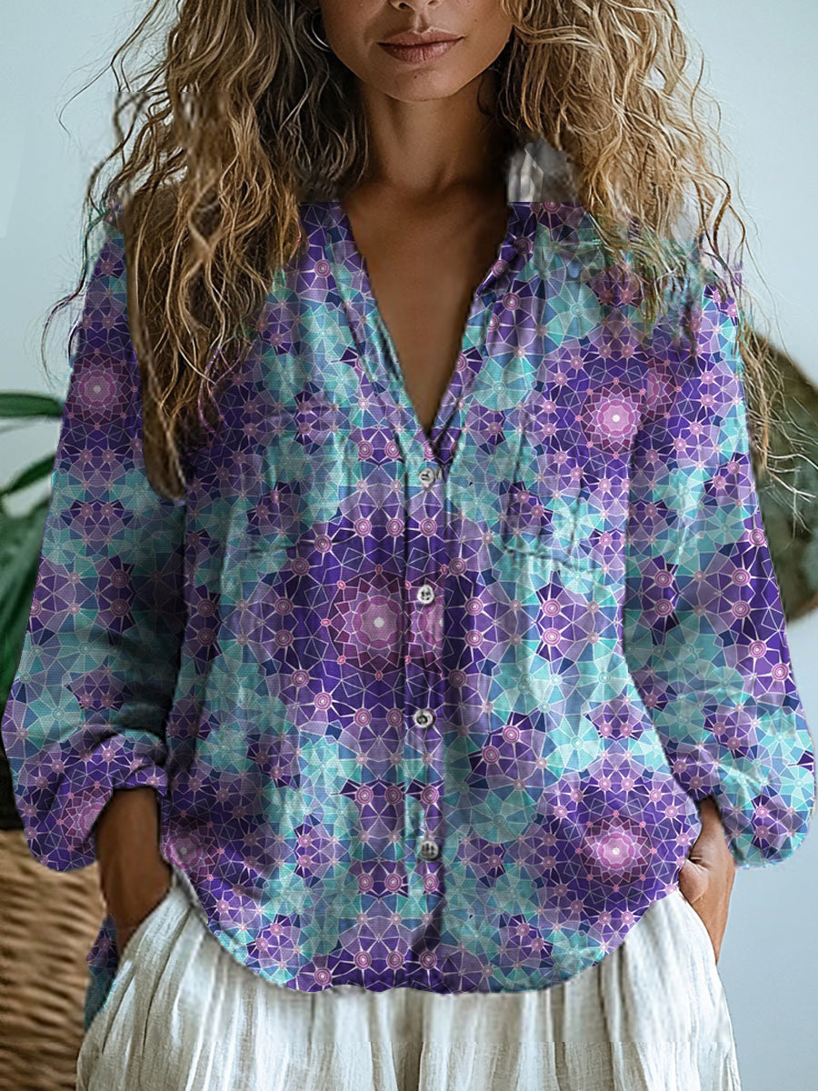 Vintage Floral Art Print V-Neck Casual coton et lin chemise Top femmes A / S Chemises