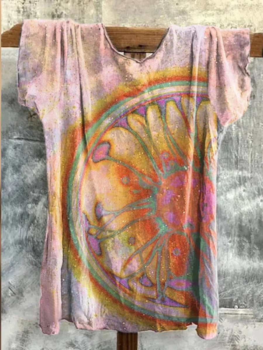 Retro Boho Floral Art Imprimé Ras du cou en coton confortable T-shirt décontracté A / S T-shirt