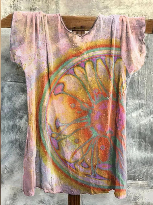 Retro Boho Floral Art Imprimé Ras du cou en coton confortable T-shirt décontracté A / S T-shirt
