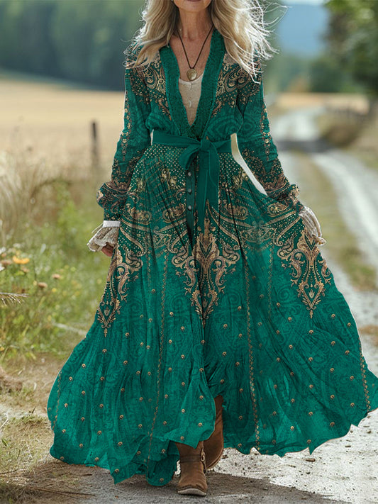 Rétro Boho Floral Art Print Vintage Chic taille sangle col en V coton à manches longues robe Midi A / S Robes