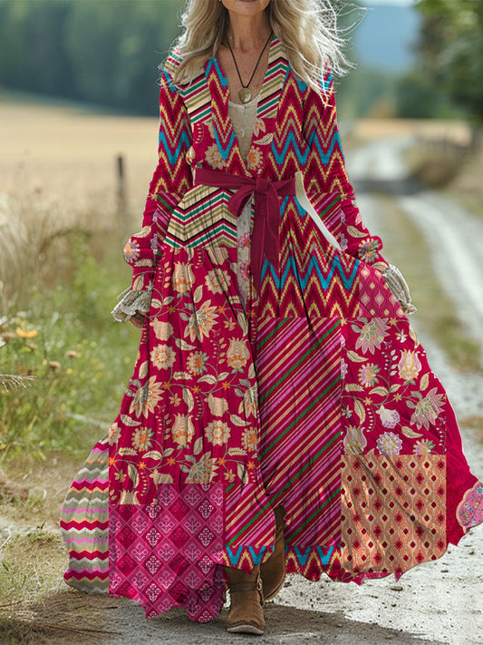 Rétro Boho Floral Art Print Vintage Chic taille sangle col en V coton à manches longues robe Midi A / S Robes