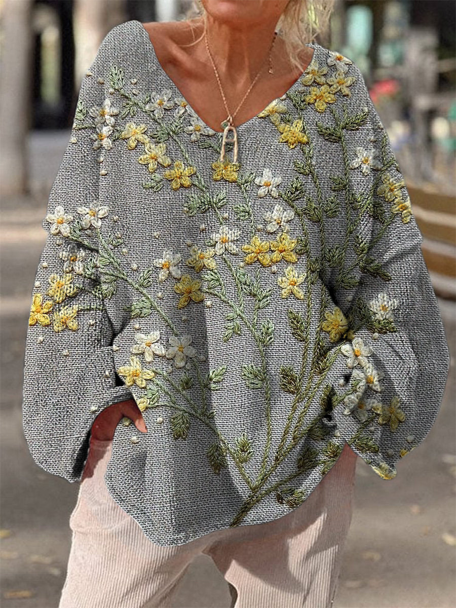 Retro Boho Floral Print Vintage Loose Chic V-cou à manches longues en tricot épais Pull A / S Pull