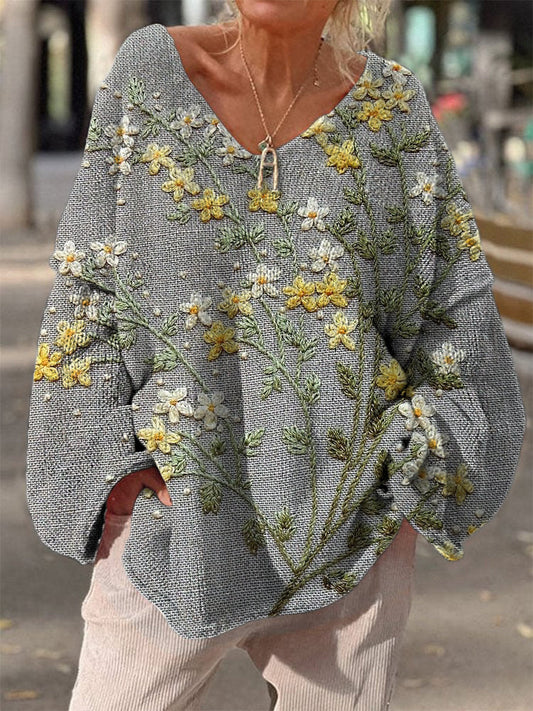 Retro Boho Floral Print Vintage Loose Chic V-cou à manches longues en tricot épais Pull A / S Pull