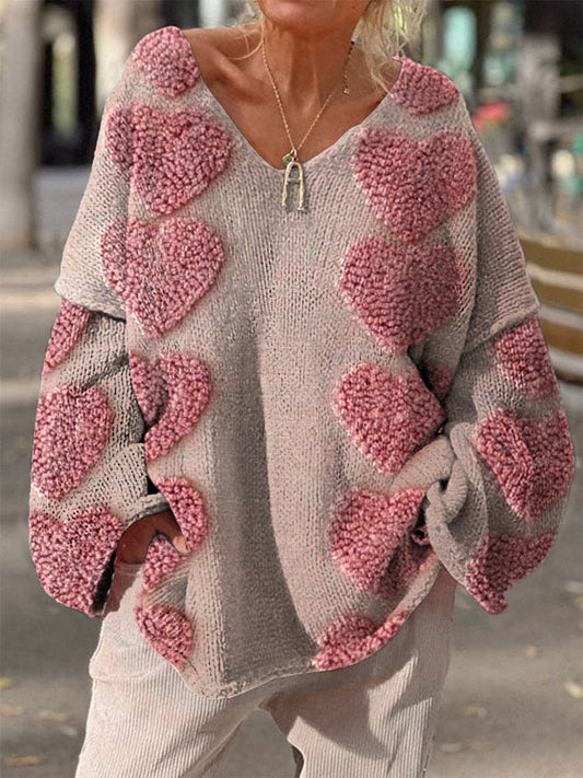 Retro Boho Floral Print Vintage Loose Chic V-cou à manches longues en tricot épais Pull A / S Pull