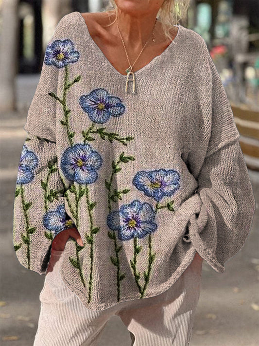 Retro Boho Floral Print Vintage Loose Chic V-cou à manches longues en tricot épais Pull A / S Pull