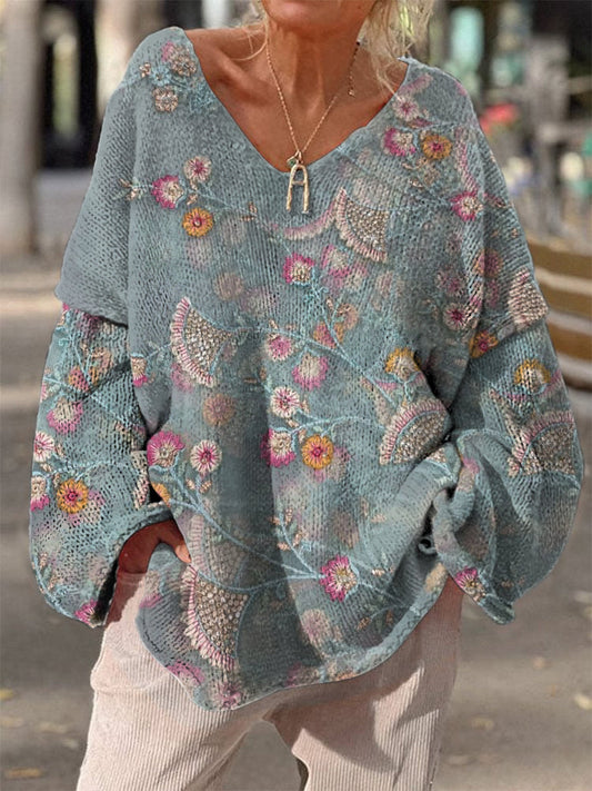 Retro Boho Floral Print Vintage Loose Chic V-cou à manches longues en tricot épais Pull A / S Pull