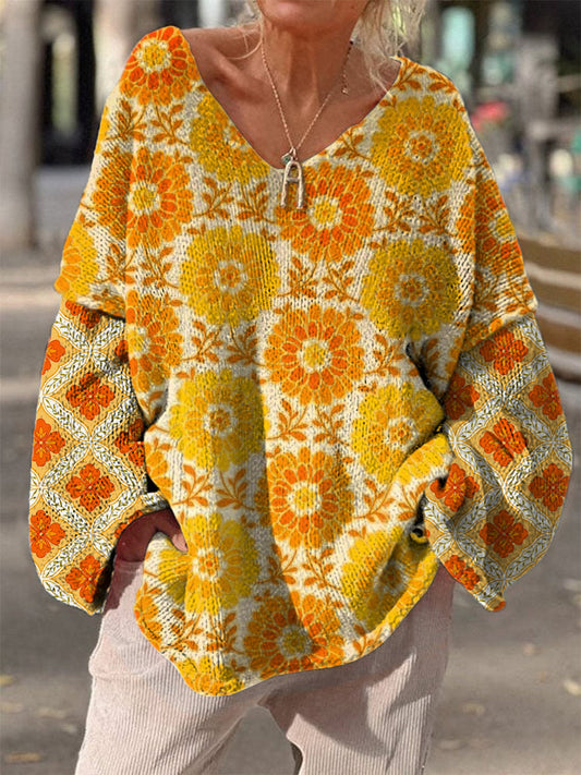 Retro Boho Floral Print Vintage Loose Chic V-cou à manches longues en tricot épais Pull A / S Pull