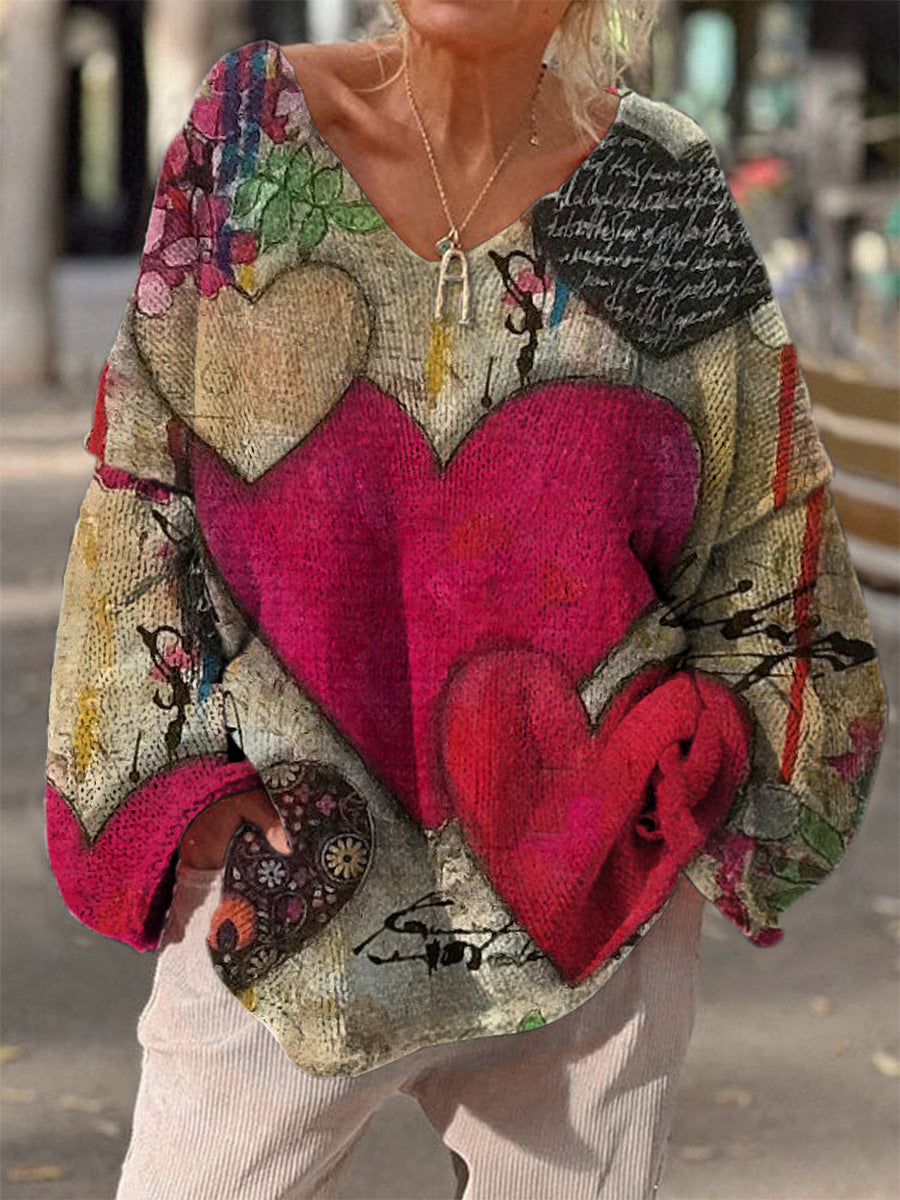 Retro Boho Love Heart Print Vintage Loose Chic col en V à manches longues Pull en tricot épais A / S Pull