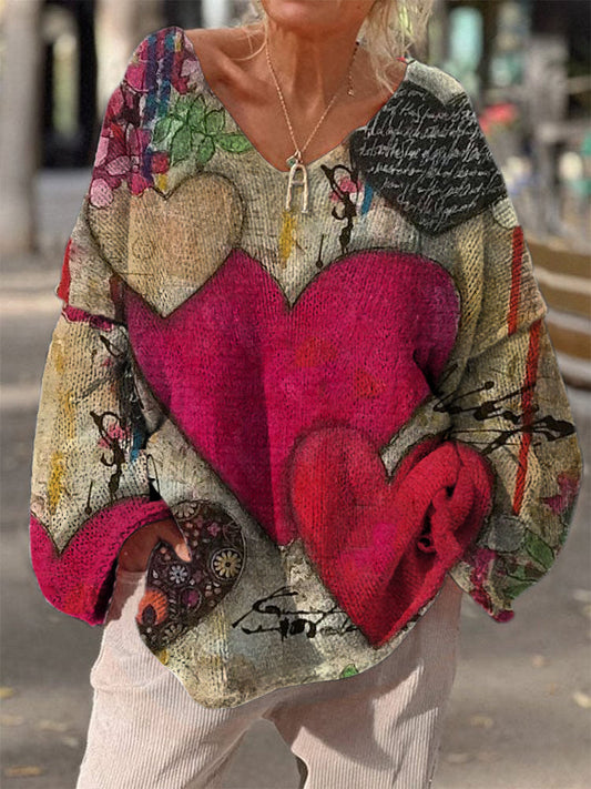 Retro Boho Love Heart Print Vintage Loose Chic col en V à manches longues Pull en tricot épais A / S Pull