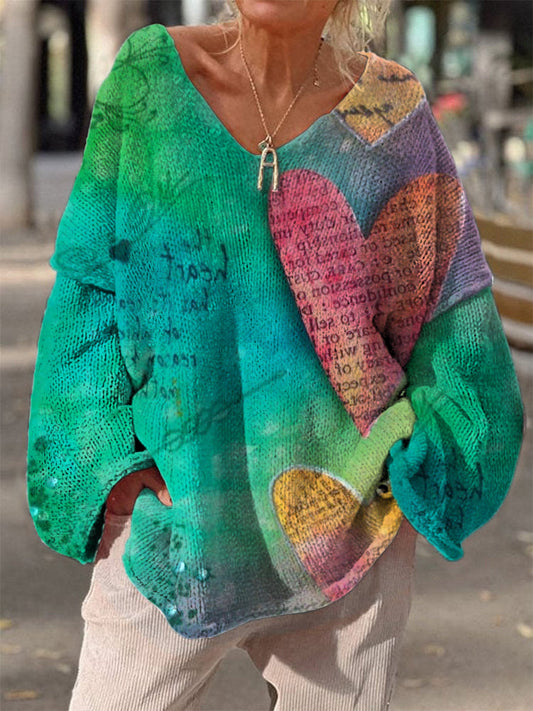 Rétro Boho Love Heart Art Print Vintage lâche Chic col en V à manches longues en tricot épais Pull A / S Pull