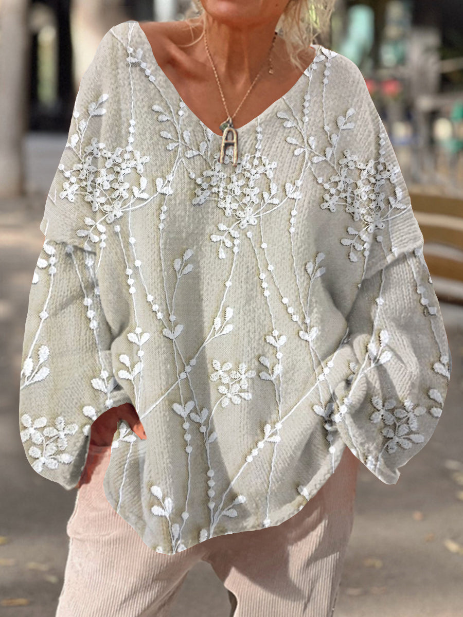 Vintage Art Print Chic V Neck Pull décontracté Pull Femme A / S Pull