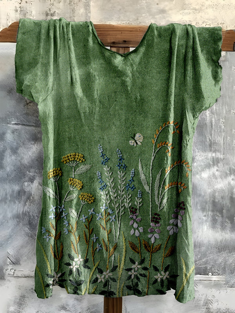 Rétro Boho Floral Imprimé Crew-Neck Vintage coton confortable T-shirt décontracté A / S T-shirt