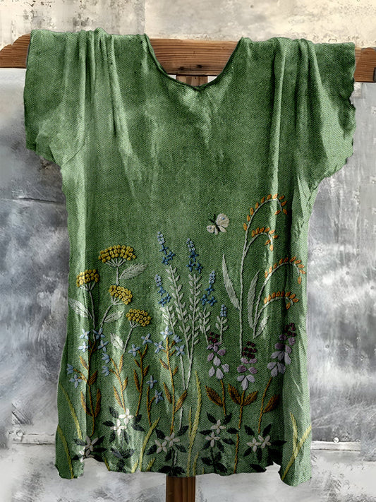 Rétro Boho Floral Imprimé Crew-Neck Vintage coton confortable T-shirt décontracté A / S T-shirt