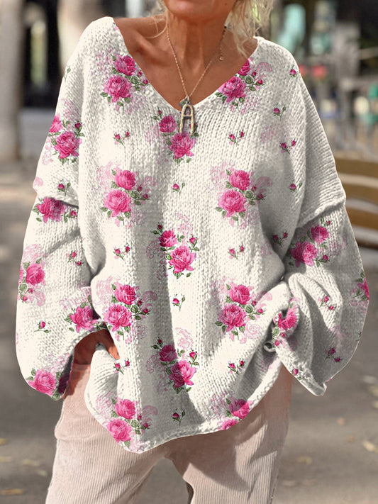 Rétro Bohème Imprimé Floral Vintage Loose Chic Col en V Manches Longues Pull En Tricot Épais A / S
