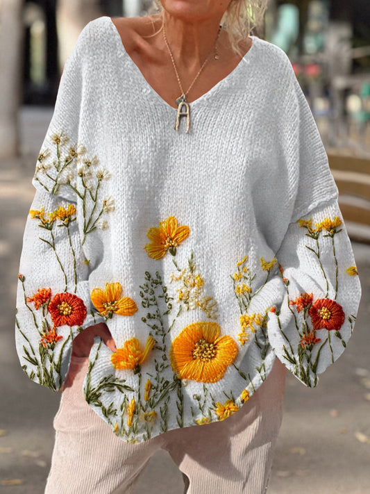 Rétro Bohème Imprimé Floral Vintage Loose Chic Col en V Manches Longues Pull En Tricot Épais A / S