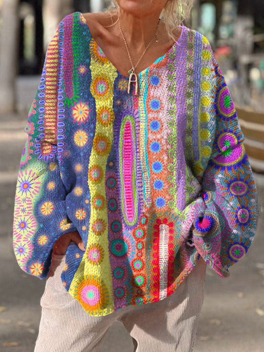 Rétro bohème imprimé floral col en V Vintage lâche pull à manches longues A / S