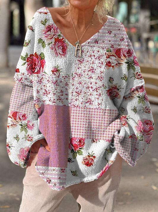 Rétro bohème imprimé floral col en V Vintage lâche pull à manches longues A / S