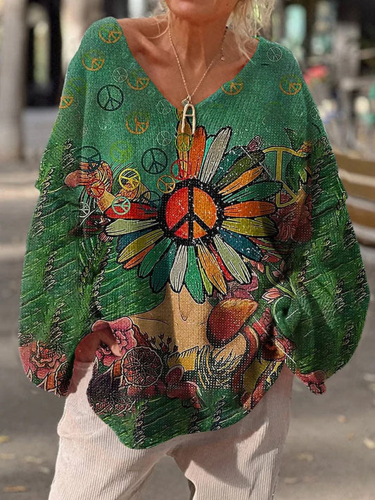 Vintage Hippie Art Print Chic V Neck Pull décontracté pour femmes A / S