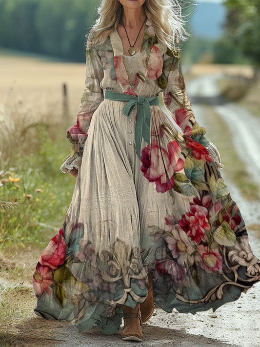 Rétro Boho Floral Art Print Vintage Chic taille sangle col en V coton à manches longues robe Midi A / S Robes