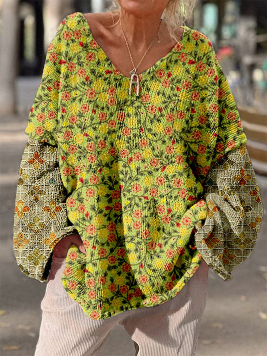 Retro Boho Floral Print Vintage Loose Chic V-cou à manches longues en tricot épais Pull A / S Pull