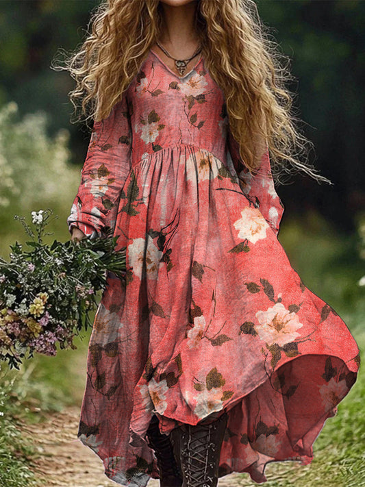 Retro Boho Floral Botanique Imprimer Vintage Chic col en V coton manches longues robe Midi A / S Robes