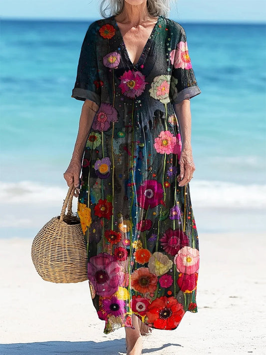 Rétro Boho Floral Art Imprimé V-cou Vintage lâche manches longues robe Midi A / S Robes