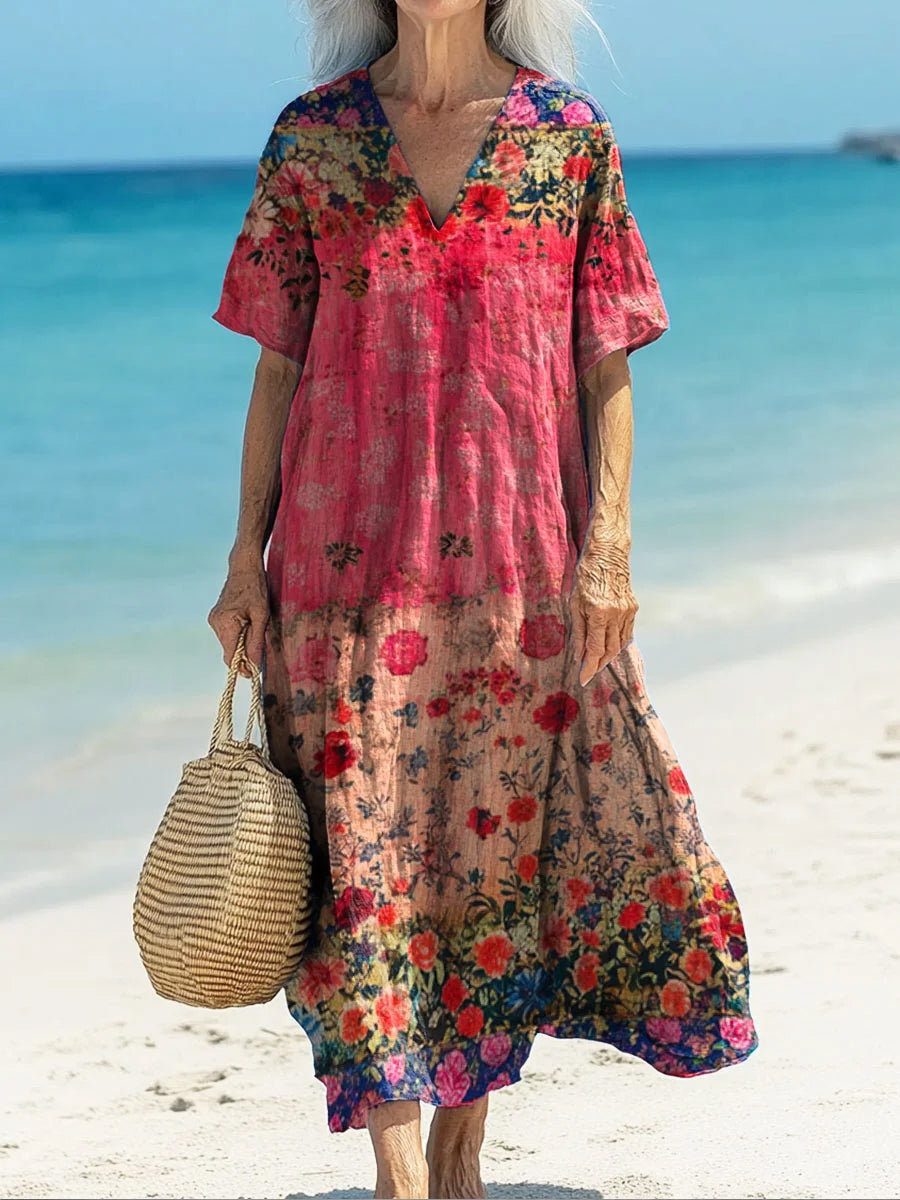 Rétro Boho Floral Art Imprimé V-cou Vintage lâche manches longues robe Midi A / S Robes