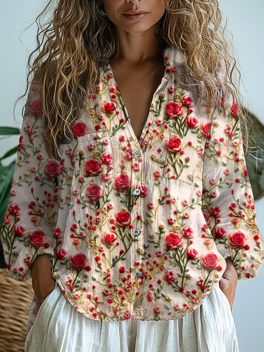 Vintage Floral Art Print V-Neck Casual coton et lin chemise Top femmes A / S Chemises