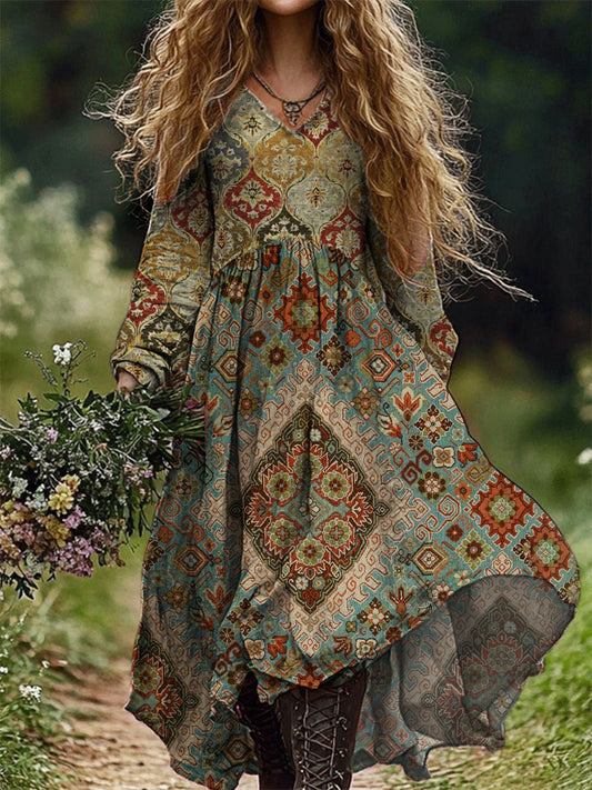 Vintage col en V Floral Art Print élégant et chic robe midi lâche A / S Robes