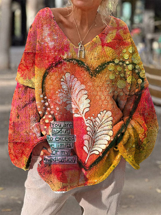 Retro Boho coeur imprimé floral Vintage lâche Chic col en V à manches longues pull en tricot épais A / S Pull