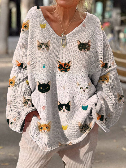 Retro Boho Floral Print Vintage Loose Chic V-cou à manches longues en tricot épais Pull A / S Pull
