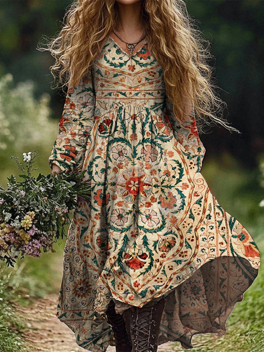 Retro Boho Floral Botanique Imprimer Vintage Chic col en V coton manches longues robe Midi A / S Robes
