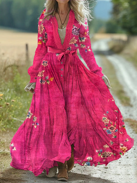 Vintage Bohème Floral Art Print Rétro Chic Lace-up col en V coton manches longues robe Midi A / S Robes