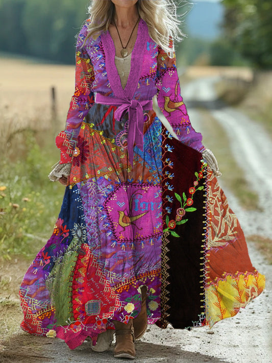 Vintage Bohème Floral Art Print Rétro Chic Lace-up col en V coton manches longues robe Midi A / S Robes