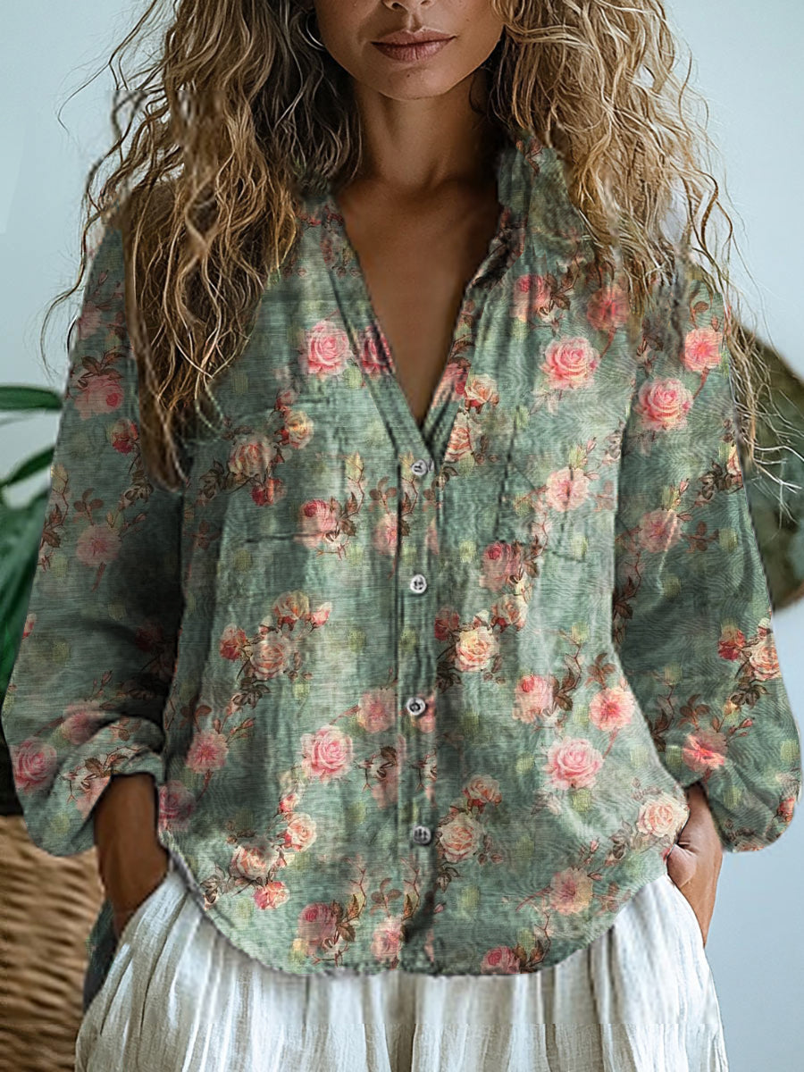 Vintage Floral Art Print V-Neck Casual coton et lin chemise Top femmes A / S Chemises