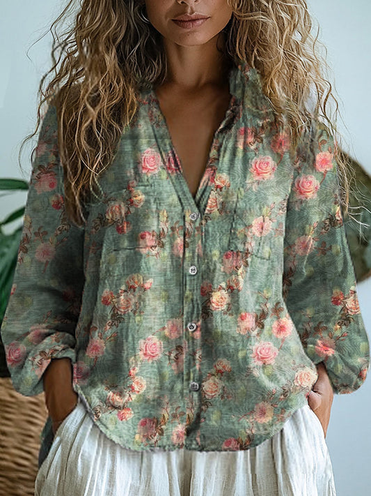 Vintage Floral Art Print V-Neck Casual coton et lin chemise Top femmes A / S Chemises