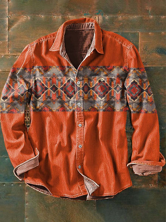 Chemise à manches longues à revers décontractée à imprimé western vintage pour hommes comme image / S