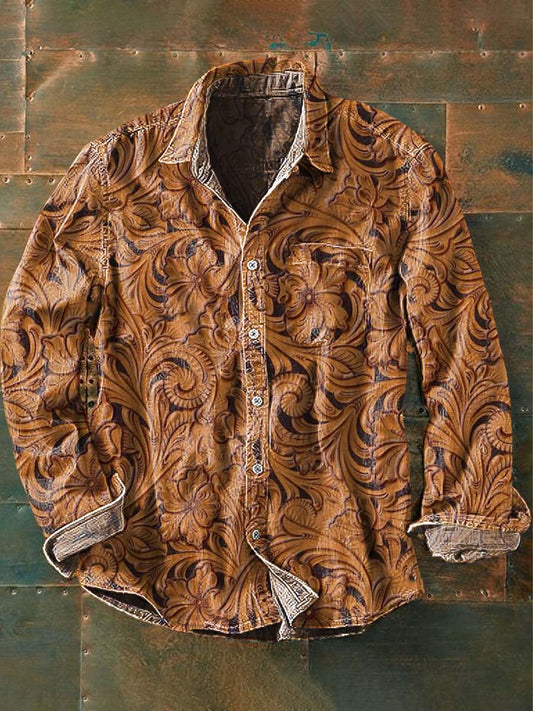 Chemise à manches longues à revers décontractée imprimée à motif de style occidental pour hommes comme image / S