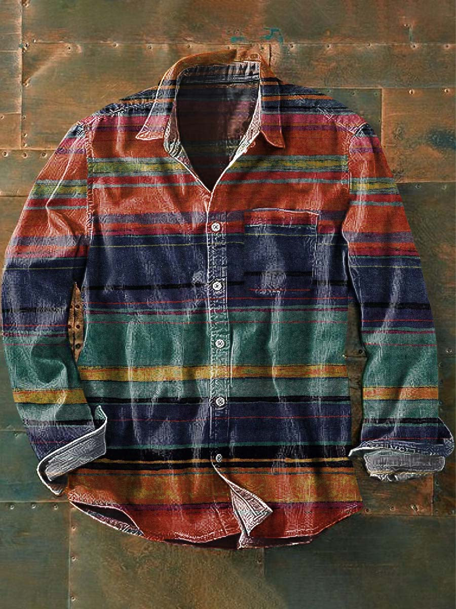 Chemise à manches longues à revers décontractée à imprimé western vintage pour hommes comme image / S