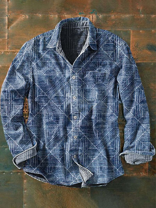 Retro Abstract Line Print Casual revers chemise à manches longues pour hommes comme image / S