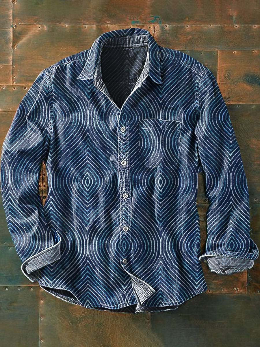 Retro Abstract Line Print Casual revers chemise à manches longues pour hommes comme image / S