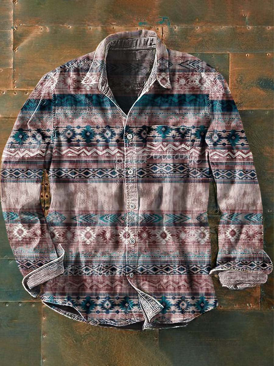 Chemise à manches longues à revers décontractée à imprimé western vintage pour hommes comme image / S