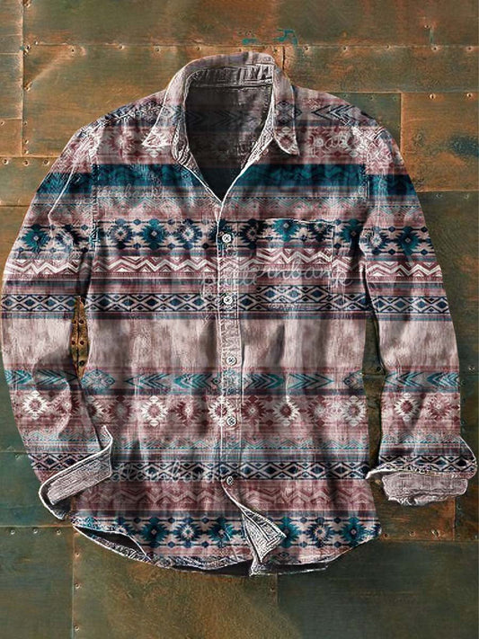 Chemise à manches longues à revers décontractée à imprimé western vintage pour hommes comme image / S